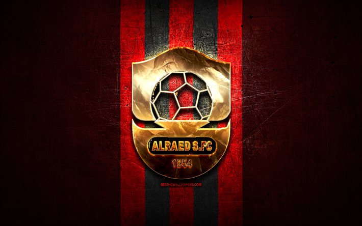 Al Raed FC, altın logo, Suudi Profesyonel Ligi, kırmızı metal arka plan, futbol, Suudi Futbol Kul&#252;b&#252;, Al Raed logo, Al-Raed