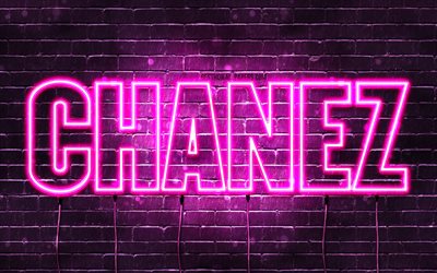 Chanez, 4k, pap&#233;is de parede com nomes, nomes femininos, nome Chanez, luzes de n&#233;on roxas, Feliz Anivers&#225;rio Chanez, nomes femininos &#225;rabes populares, imagem com o nome Chanez
