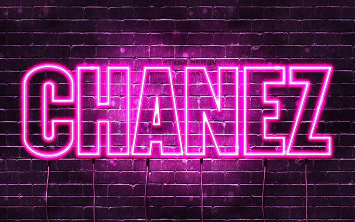 Chanez, 4k, fonds d&#39;&#233;cran avec des noms, noms f&#233;minins, nom Chanez, n&#233;ons violets, joyeux anniversaire Chanez, noms f&#233;minins arabes populaires, photo avec nom Chanez