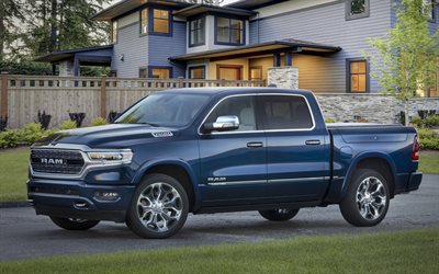 2022, Ram 1500 Limited 10th Anniversary Edition, 4k, front view, exterior, blue pickup truck, new blue Ram 1500, American cars