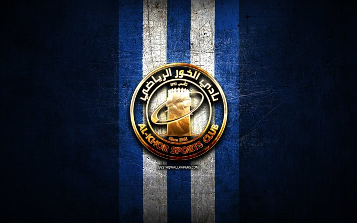 Al-Khor FC, golden logo, QSL, blue metal background, football, qatari football club, Al-Khor logo, soccer, Al-Khor SC