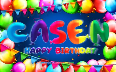 ハッピーバースデーカセン, 4k, カラフルなバルーンフレーム, カゼン名, 青い背景, カセンお誕生日おめでとうございます, カセンの誕生日, 人気のあるアメリカの男性の名前, 誕生日の概念, カセン