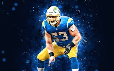 Corey Linsley, 4k, NFL, center, Los Angeles Chargers, american football, LA Chargers, Corey Michael Linsley, blue neon lights, Corey Linsley LA Chargers
