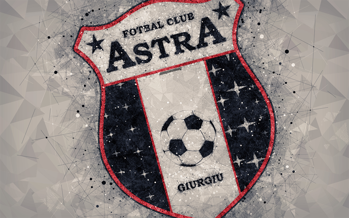 FC Astra Giurgiu, 4k, logo, geotmeric art, gray background, Romanian football club, emblem, Liga 1, Giurgiu, Romania, football, art