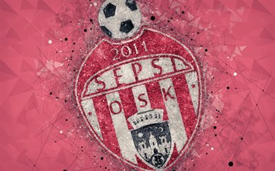 Sepsi OSK, 4k, logo, geotmeric art, red background, Romanian football club, emblem, Liga 1, Sfintu Gheorghe, Romania, football, art, FC Sepsi