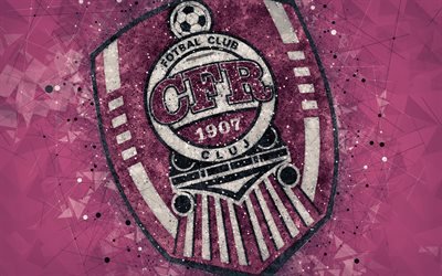 CFR Cluj, 4k, logo, geometrik sanat, mor arka plan, 1 rumen Futbol Kul&#252;b&#252;, amblem, UEFA, Cluj-Napoca, Romanya, futbol, sanat