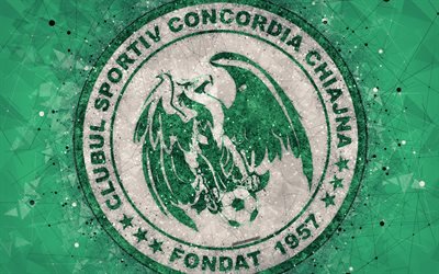 CS Concordia Chiajna, 4k, logo, geometric art, green background, Romanian football club, emblem, Liga 1, Kyazna, Romania, football, art, FC Concordia