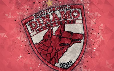 Dinamo Bukarest, 4k, logotyp, geometriska art, r&#246;d bakgrund, Rum&#228;nska football club, emblem, Liga 1, Bukarest, Rum&#228;nien, fotboll, konst
