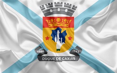 Flagga av Duque de Caxias, 4k, siden konsistens, Brasiliansk stad, vit silk flag, Duque de Caxias flagga, Rio de Janeiro, Brasilien, konst, Duque de Caxias