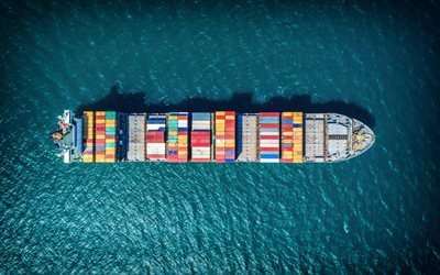 container ship, top view, large cargo ship, cargo delivery concepts, transportation of containers by sea