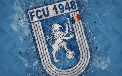 FCU 1948 كرايوفا, 4k, شعار, الهندسية الفنية, خلفية زرقاء, الروماني لكرة القدم, الدوري 1, كرايوفا, رومانيا, كرة القدم, الفن, نادي كرايوفا