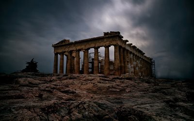 Partenon, Atenas, Acr&#243;pole, restauro, noite, p&#244;r do sol, marcos, Gr&#233;cia