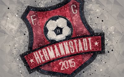 FC Hermannstadt, 4k, logo, geometric art, gray background, Romanian football club, emblem, Liga 1, Sibiu, Romania, football, art