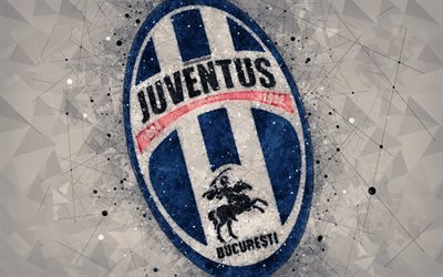 FC Juventus Bucuresti, 4k, logo, geometric art, gray background, Romanian football club, emblem, Liga 1, Bucharest, Romania, football, art