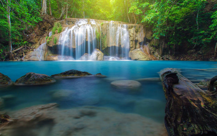 blue lake, rainforest, waterfall, jungle, Thailand, hiking, beautiful forest waterfall