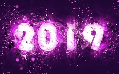 2019 a&#241;o, violeta de fondo, las luces de ne&#243;n, 4k, el arte abstracto, creativo, 2019 conceptos, violeta neon, Feliz A&#241;o Nuevo 2019
