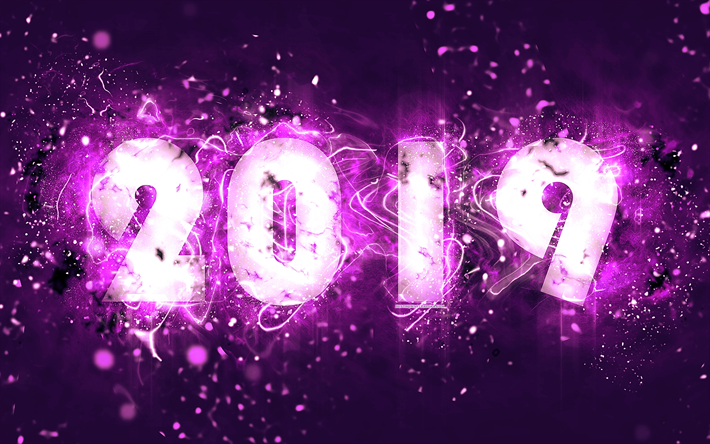 2019 year, violet background, neon lights, 4k, abstract art, creative, 2019 concepts, violet neon, Happy New Year 2019