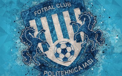 FC Politehnica Iasi, 4k, logo, geometric art, blue background, Romanian football club, emblem, Liga 1, Iasi, Romania, football, art, CSM Politehnica