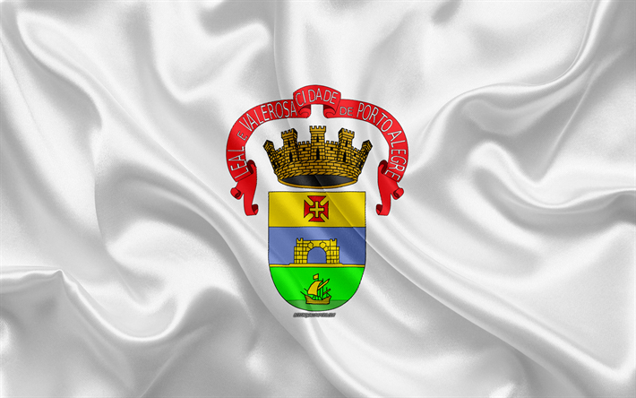 Flag of Porto Alegre, 4k, silk texture, Brazilian city, white silk flag, Porto Alegre flag, Rio Grande do Sul, Brazil, art, South America, Porto Alegre