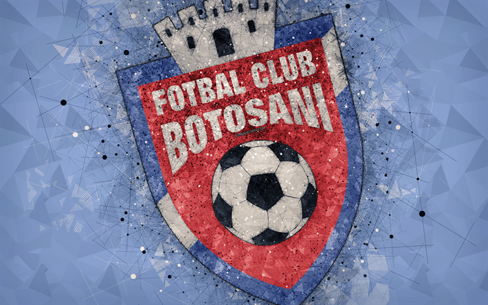 FC Botosani, 4k, logo, geometrica, arte, sfondo blu, rumeno football club, emblema, Liga 1, Botosani, Romania, calcio
