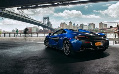 McLaren 570S Spider, 2018, blue black sports car, rear view, supercar, tuning, New York, Manhattan, USA, McLaren