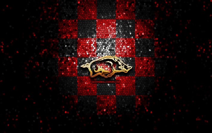 Arkansas Razorbacks, glitter logo, NCAA, red black checkered background, USA, american football team, Arkansas Razorbacks logo, mosaic art, american football, America