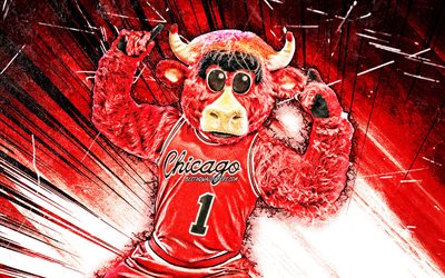 4k, Benny the Bull, grunge art, mascot, Chicago Bulls, red abstract rays, NBA, creative, USA, Chicago Bulls mascot, Benny, NBA mascots, official mascot, Benny mascot