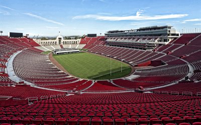 Los Angeles Memorial Coliseum, red stands, American football field, football stadium, USC Trojans stadium, NCAA, USC Trojans, Los Angeles, California