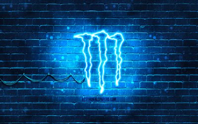 Monster Energy blue logo, 4k, blue brickwall, Monster Energy logo, drinks brands, Monster Energy neon logo, Monster Energy