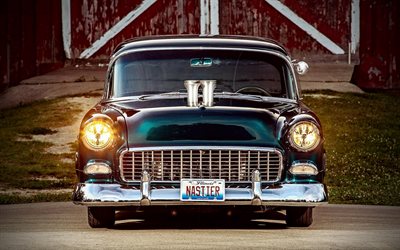 chevrolet bel air, vorderansicht, 1955 autos, tuning, retro-autos, amerikanische autos, 1955 chevrolet bel air, lowrider, chevrolet