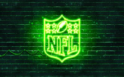 NFL green logo, 4k, green brickwall, National Football League, NFL logo, american football league, NFL neon logo, NFL