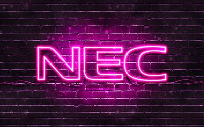 NEC violette logo, 4k, violet brickwall, NEC logo, marques, NEC n&#233;on logo, NEC