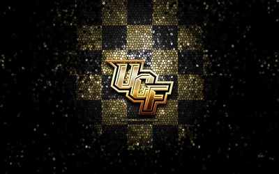 UCF Knights, glitter logo, NCAA, brown black checkered background, USA, american football team, UCF Knights logo, mosaic art, american football, America