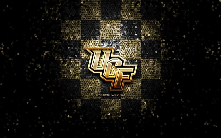 UCF Riddare, glitter logotyp, NCAA, brun-svart rutig bakgrund, USA, amerikansk fotboll, UCF Knights logotyp, mosaik konst, Amerika