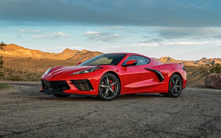 2020, Chevrolet Corvette Stingray Z51, C8, front view, exterior, red sports coupe, new red Corvette Stingray, american sports cars, Chevrolet