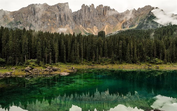 mountain lake, emerald lake, bergslandskapet, skogen, kv&#228;ll, sunset, stenar, berg, Alperna