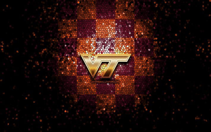 Virginia Tech Hokies, glitter logotipo, NCAA, laranja, roxo fundo quadriculado, EUA, time de futebol americano, Virginia Tech Hokies logotipo, arte em mosaico, futebol americano, Am&#233;rica