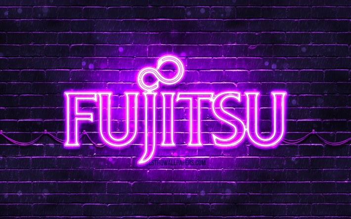 Fujitsu violett logotyp, 4k, violett brickwall, Fujitsu logotyp, varum&#228;rken, Fujitsu neon logotyp, Fujitsu