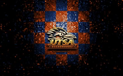 UTSA Roadrunners, glitter, logo, NCAA, arancione blu sfondo a scacchi, USA, squadra di football americano, UTSA Roadrunners logo, il mosaico, il football americano, l&#39;America