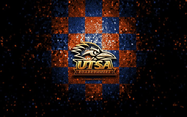 UTSA Roadrunners, glitter logo, NCAA, turuncu, mavi damalı arka plan, ABD, Amerikan futbol takımı, UTSA Roadrunners logo, mozaik sanatı, Amerikan Futbolu, Amerika