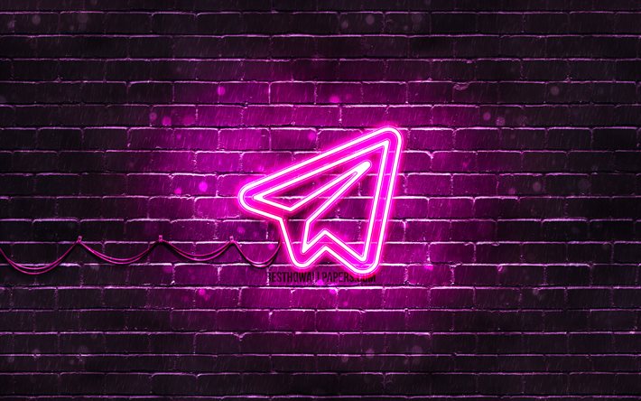 電紫色のロゴ, 4k, 紫brickwall, 電マーク, 社会的ネットワーク, 電報ネオンのロゴ, 電報
