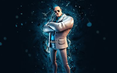 Henchman with glasses, 4k, blue neon lights, Fortnite Battle Royale, Fortnite characters, Henchman with glasses Skin, Fortnite, Henchman with glasses Fortnite