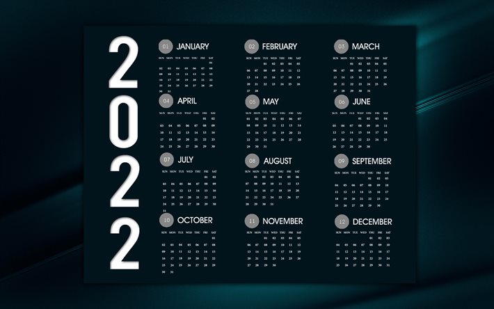 Calendrier 2022, fond &#233;l&#233;gant bleu fonc&#233;, arri&#232;re-plan de lignes bleues, calendrier bleu fonc&#233; 2022, calendrier pour 2022 tous les mois, calendrier de l’ann&#233;e 2022