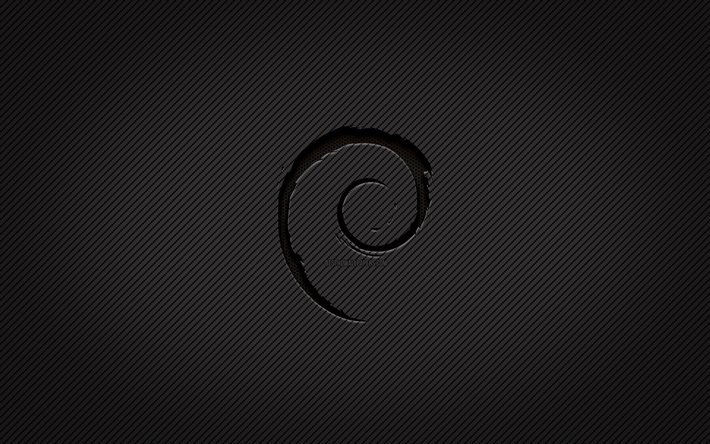 debian-kohlenstoff-logo, 4k, grunge-kunst, kohlenstoffhintergrund, kreativ, debian-schwarz-logo, linux, debian-logo, debian