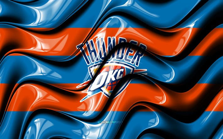 Oklahoma City Thunder -lippu, 4k, oranssit ja siniset 3D-aallot, NBA, amerikkalainen koripallojoukkue, Oklahoma City Thunder -logo, koripallo, Oklahoma City Thunder