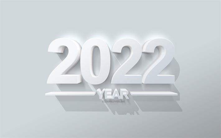 2022 سنة, أبيض 3D الفن, 2022 رأس السنة الجديدة, 2022 مفاهيم, خلفية بيضاء, كل عام و انتم بخير, فن ثلاثي الأبعاد