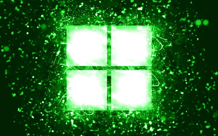 Microsoft green logo, 4k, green neon lights, creative, green abstract background, Microsoft logo, Windows 11 logo, brands, Microsoft
