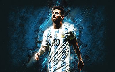 Lionel Messi, muotokuva, Argentiinan jalkapallomaajoukkue, Messi-taide, sininen kivitausta, jalkapallo, Leo Messi, Argentiina