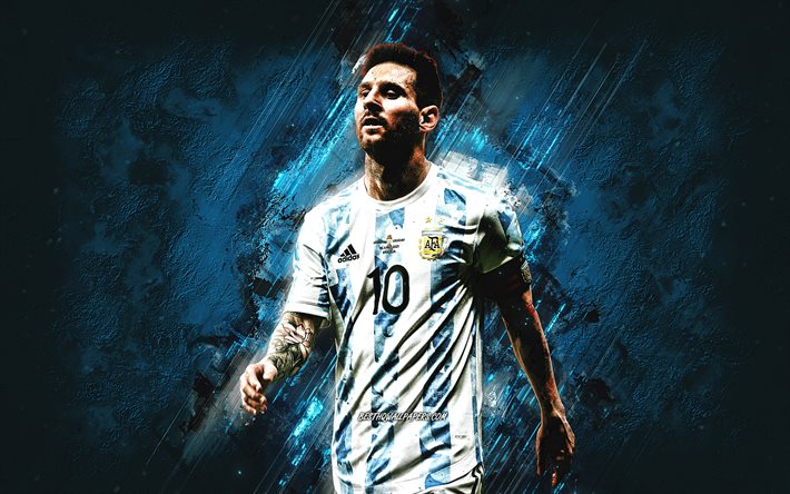 メッシ, 縦向き, アルゼンチン代表サッカーチーム, メッシアート, 青い石の背景, フットボール。, レオ・メッシ, アルゼンチン