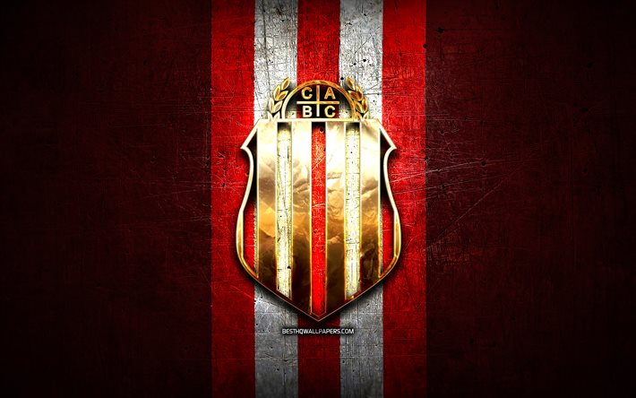 Barracas Central FC, logotipo dourado, Primera Nacional, fundo de metal vermelho, futebol, clube de futebol argentino, ca barracas central logotipo, Argentina, CA Barracas Central